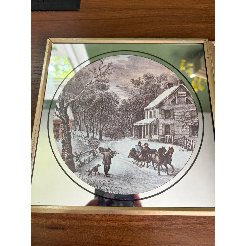 Set of 3 Currier & Ives Mirror-Framed Seasonal Prints, Vintage Homestead Scenes